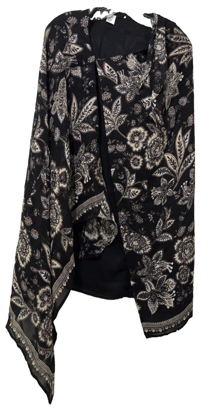 Ann Taylor Black Cream Paisley Chiffon Waterfall Kimono Topper Cardigan Size 4